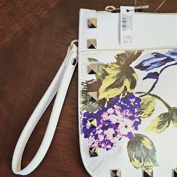 NWT White House Black Market Floral Studded Wristlet Clutch White, Purple - Picture 2 of 9